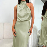 Carlina | Vestido largo de satén con cuello halter