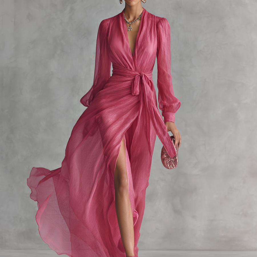 Cindy - Vestido de Chiffon Rosa con Escote en V para Mujer