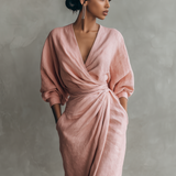 Rosa - Vestido Maxi Minimalista Rosa con escote en V en mezcla de Lino para Mujer