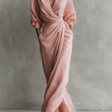 Rosa - Vestido Maxi Minimalista Rosa con escote en V en mezcla de Lino para Mujer