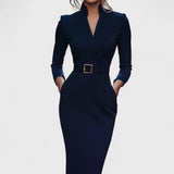 Mandarin - Vestido negro refinado con cinturón y cuello