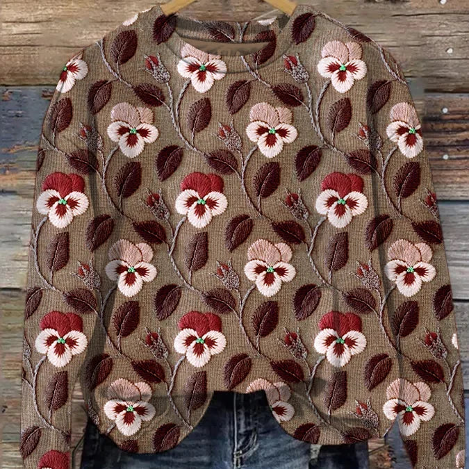 Coral - Sudadera casual con estampado gráfico de hojas florales y bordado para mujer
