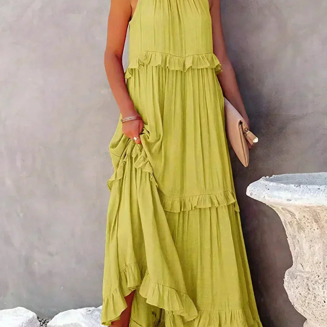 Sarah | Vestido largo con volantes y cuello halter (Casi agotado)