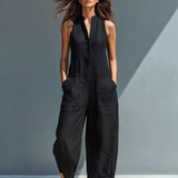 Claudia | Mono minimalista de lino para mujer, sin mangas, cuello alto y botones