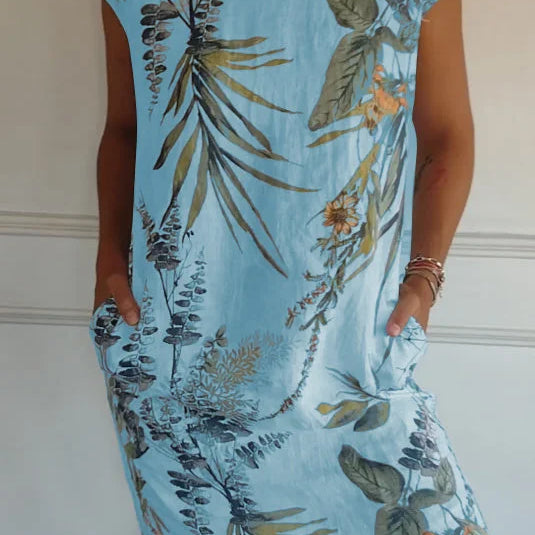 Grace™ Vestido estampado de cuello redondo de algodón y lino para mujer
