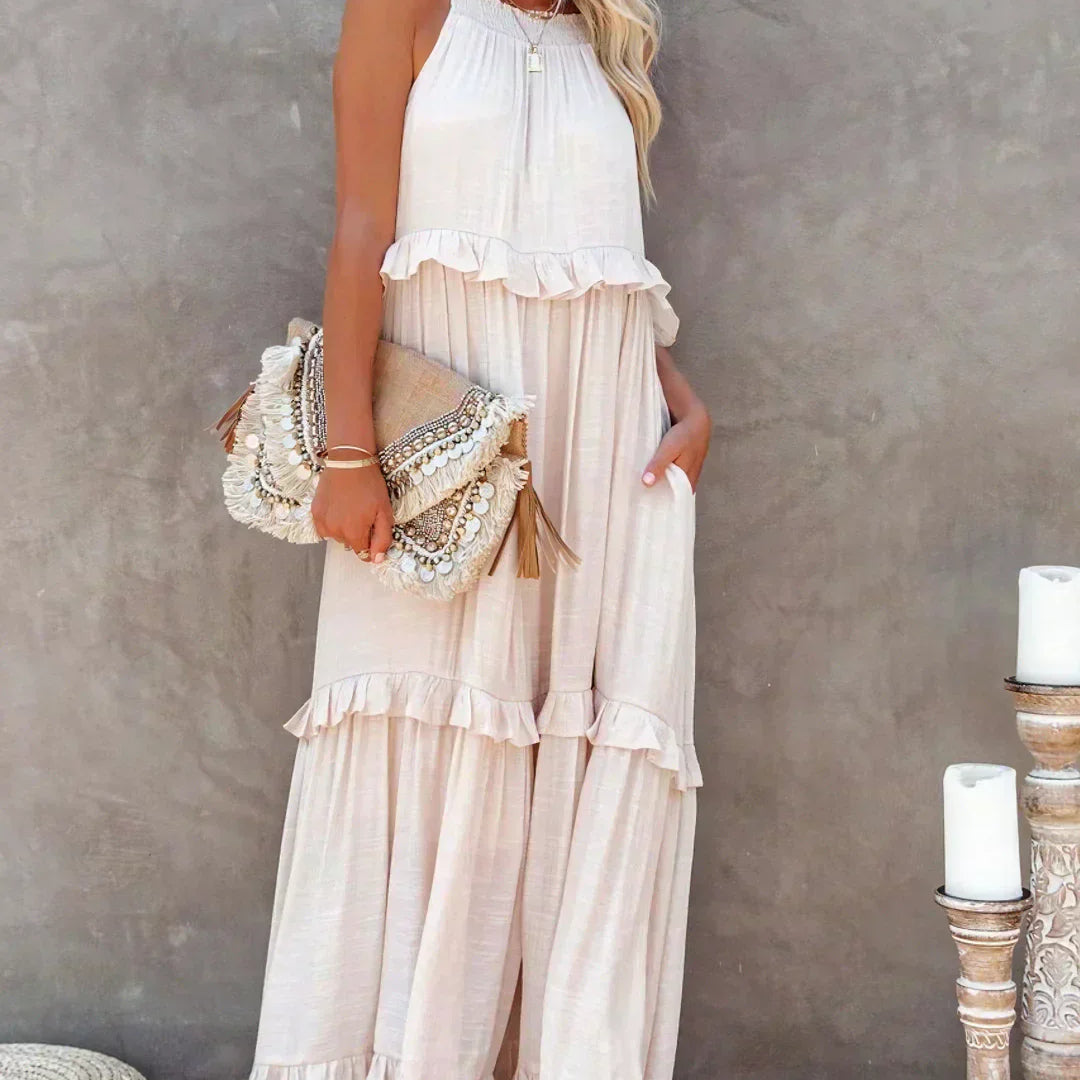 Sarah | Vestido largo con volantes y cuello halter (Casi agotado)