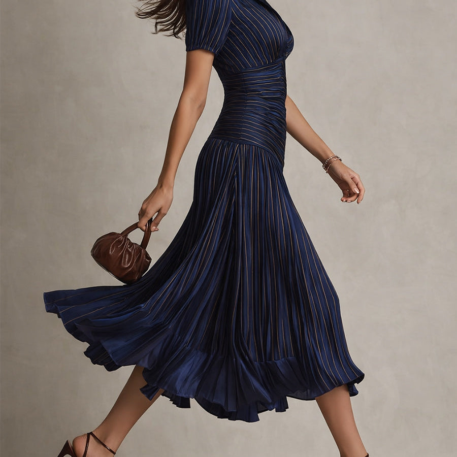 Adriana | Vestido midi satinado de rayas retro para Mujer