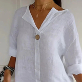 ARAI - Top de algodón y lino con cuello en V y botones
