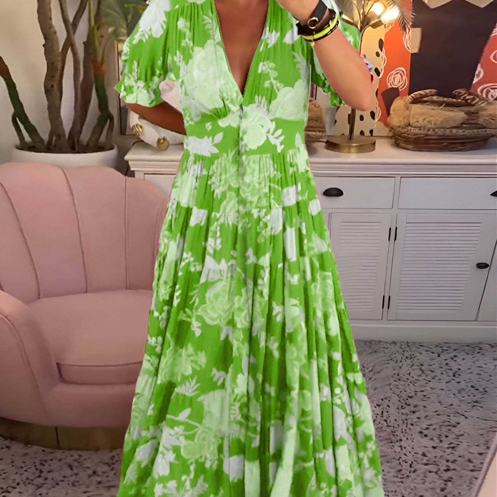 Carine | Vestido con cuello en V y bolsillos con estampado floral