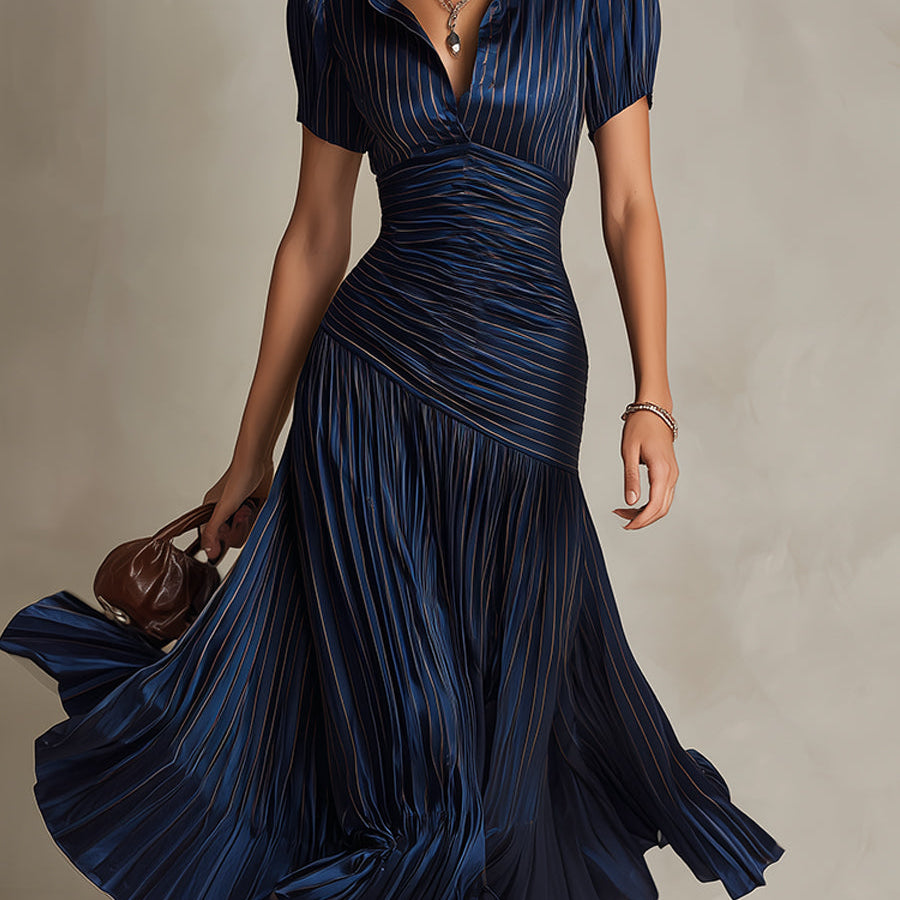 Adriana | Vestido midi satinado de rayas retro para Mujer