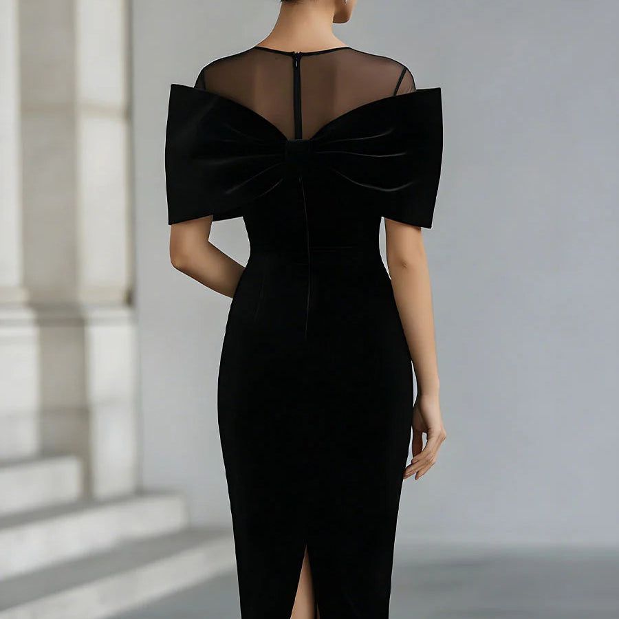 Regina ❘ Vestido de Mujer Midi de Terciopelo Negro Dramático con Lazo