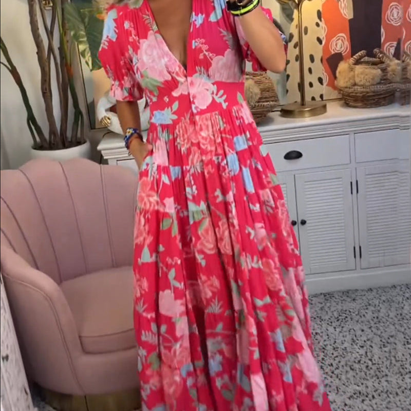 Catrisa™ - Vestido con cuello en V y estampado floral con bolsillos