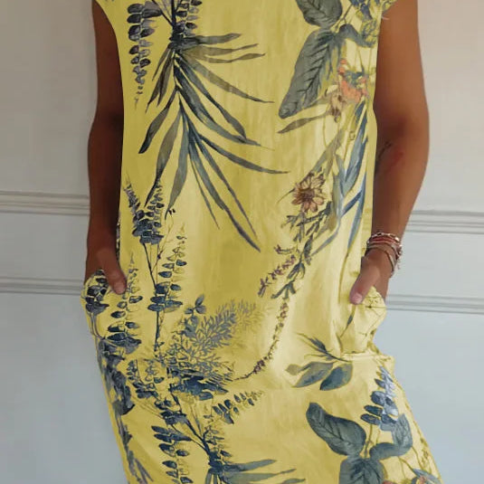 Grace™ Vestido estampado de cuello redondo de algodón y lino para mujer