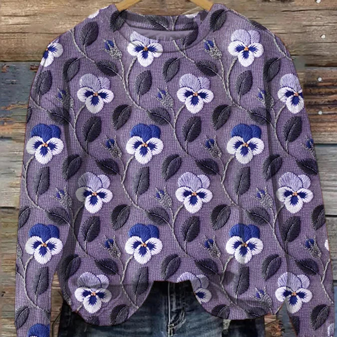 Coral - Sudadera casual con estampado gráfico de hojas florales y bordado para mujer