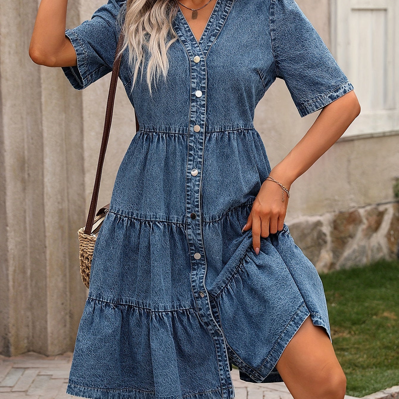 Elyna – Vestido corto y elegante vaquero con volantes, mangas cortas y escote en pico