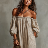 Carmen | Vestido largo de algodón y lino con hombros descubiertos para Mujer