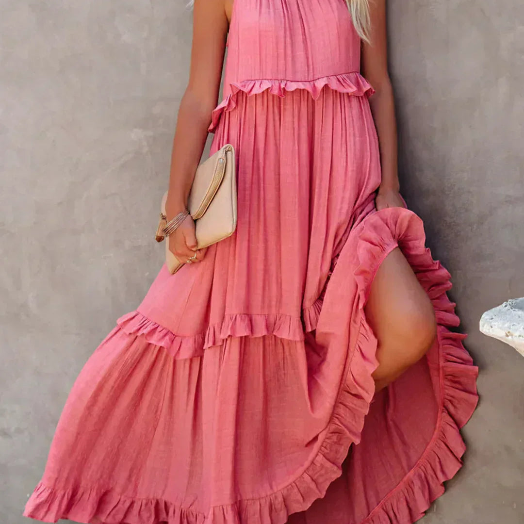 Sarah | Vestido largo con volantes y cuello halter (Casi agotado)