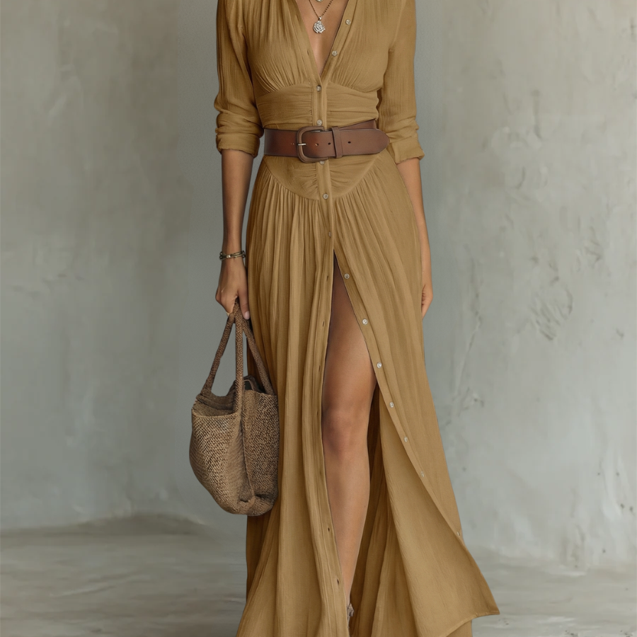 Adirana - Vestido Maxi Largo con Cuello de Solapa y Mangas Largas de Lino para Mujer