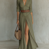 Adirana - Vestido Maxi Largo con Cuello de Solapa y Mangas Largas de Lino para Mujer