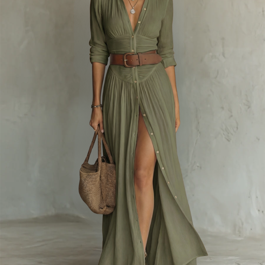 Adirana - Vestido Maxi Largo con Cuello de Solapa y Mangas Largas de Lino para Mujer