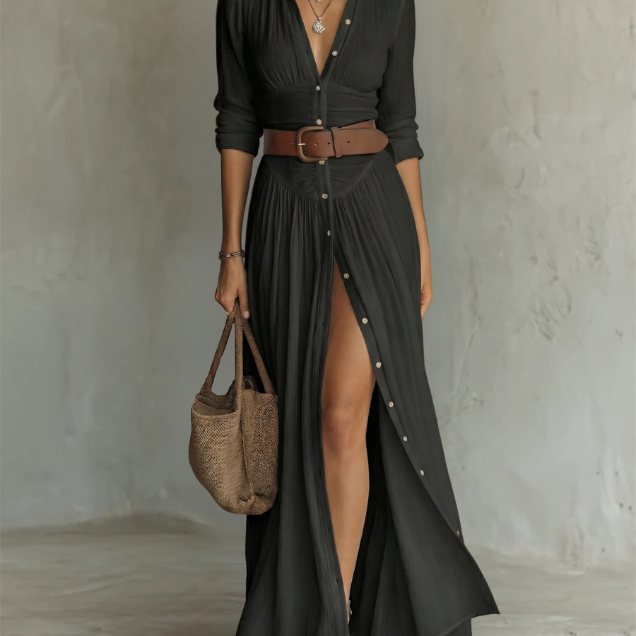 Adirana - Vestido Maxi Largo con Cuello de Solapa y Mangas Largas de Lino para Mujer