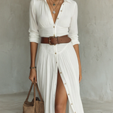 Adirana - Vestido Maxi Largo con Cuello de Solapa y Mangas Largas de Lino para Mujer