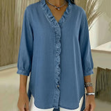 Adele | Blusa de denim fluido con escote en V y volantes