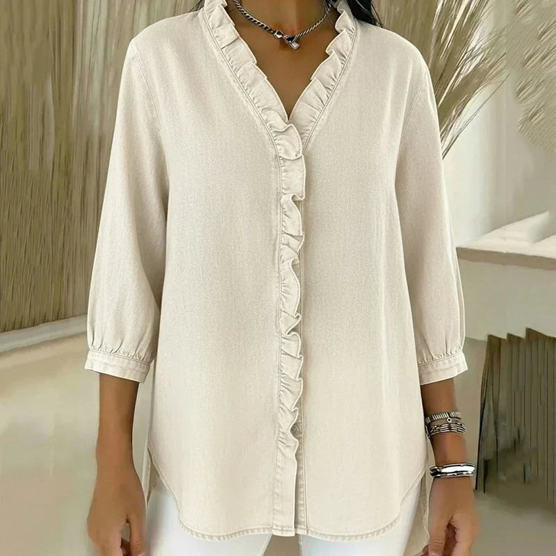Adele | Blusa de denim fluido con escote en V y volantes