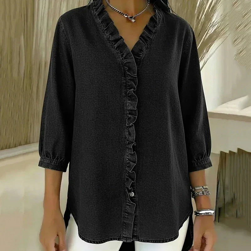 Adele | Blusa de denim fluido con escote en V y volantes