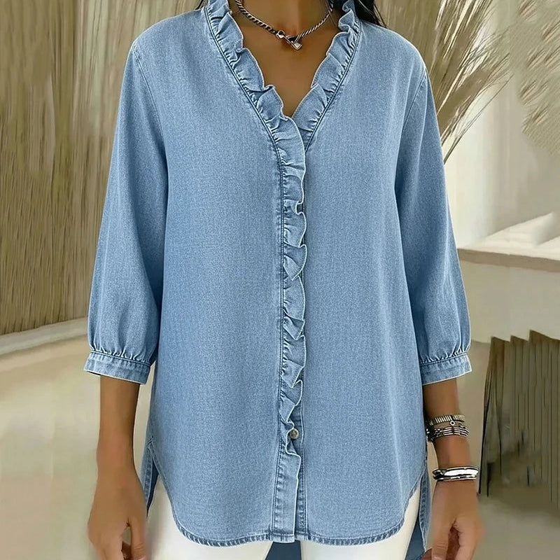 Adele | Blusa de denim fluido con escote en V y volantes