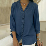 Adele | Blusa de denim fluido con escote en V y volantes