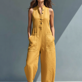 Claudia | Mono minimalista de lino para mujer, sin mangas, cuello alto y botones