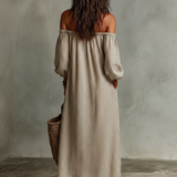 Carmen | Vestido largo de algodón y lino con hombros descubiertos para Mujer