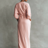 Rosa - Vestido Maxi Minimalista Rosa con escote en V en mezcla de Lino para Mujer