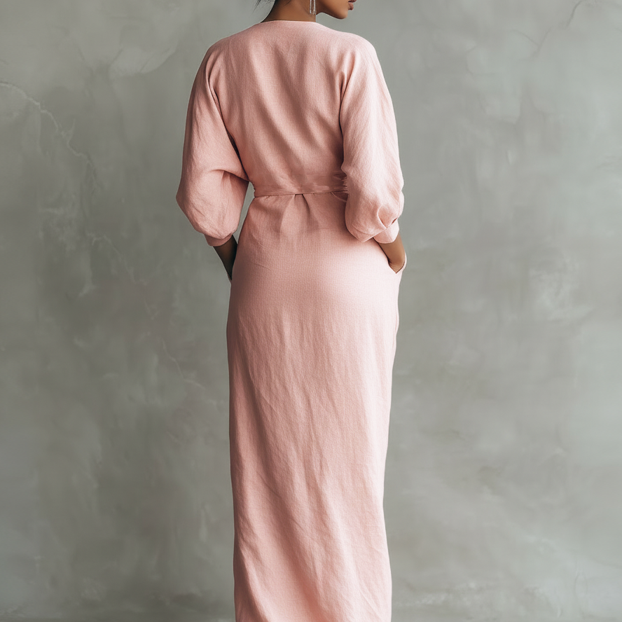 Rosa - Vestido Maxi Minimalista Rosa con escote en V en mezcla de Lino para Mujer