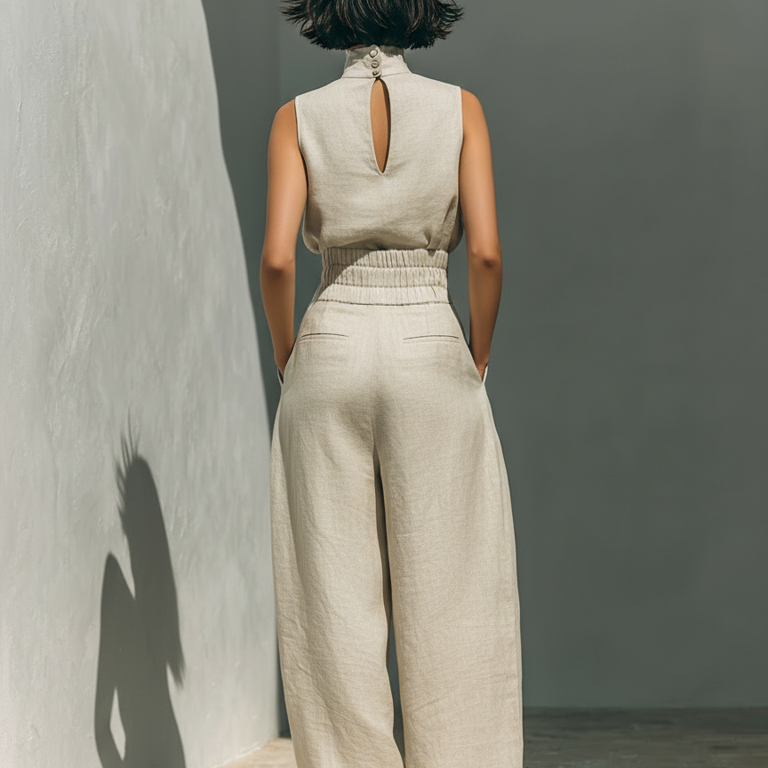Aida - Conjunto de Blusa Sin Mangas y Pantalones de Pierna Ancha en Algodón y Lino Minimalista para Mujer