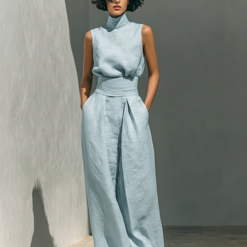 Aida - Conjunto de Blusa Sin Mangas y Pantalones de Pierna Ancha en Algodón y Lino Minimalista para Mujer