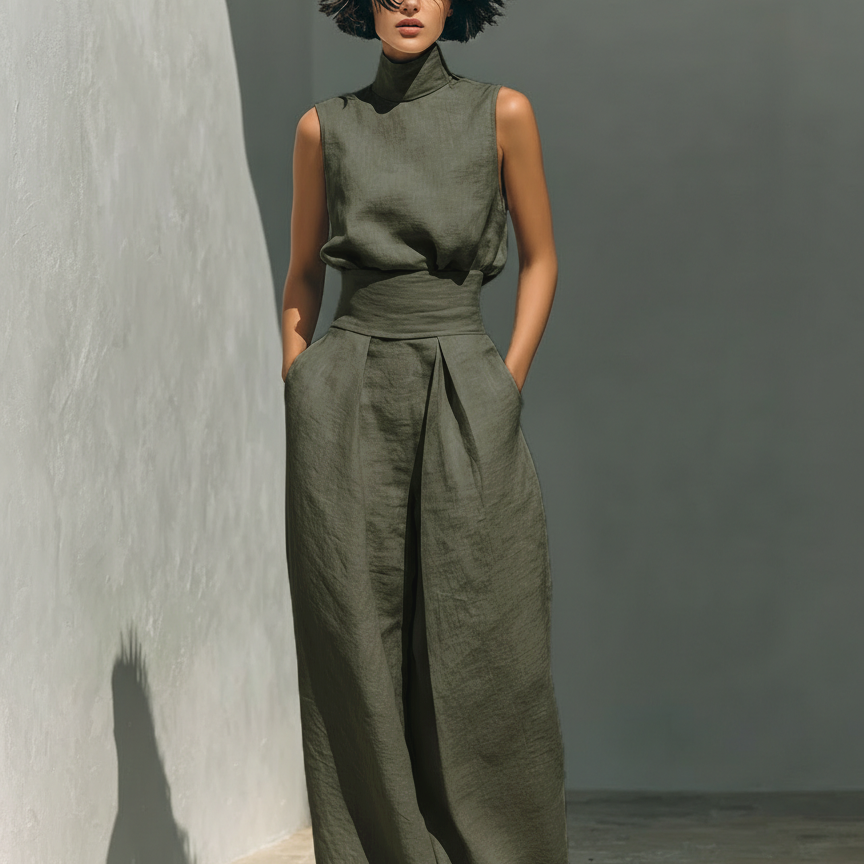Aida - Conjunto de Blusa Sin Mangas y Pantalones de Pierna Ancha en Algodón y Lino Minimalista para Mujer