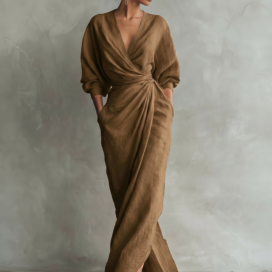 Rosa - Vestido Maxi Minimalista Rosa con escote en V en mezcla de Lino para Mujer