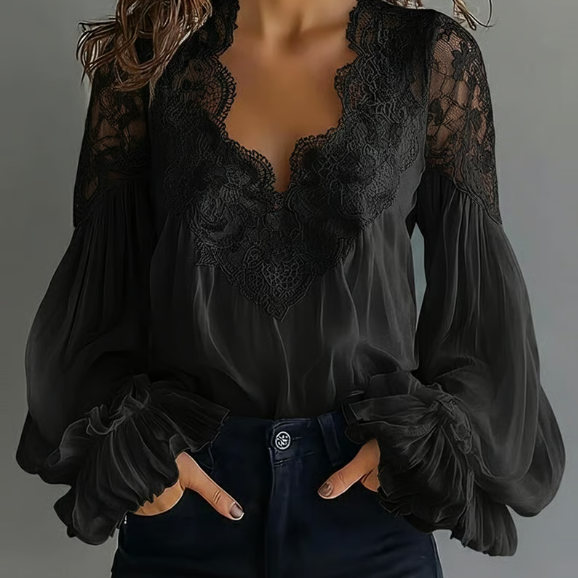 Laceva | Blusa con encaje floral y mangas de farol para Mujer