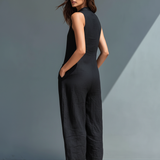 Claudia | Mono minimalista de lino para mujer, sin mangas, cuello alto y botones