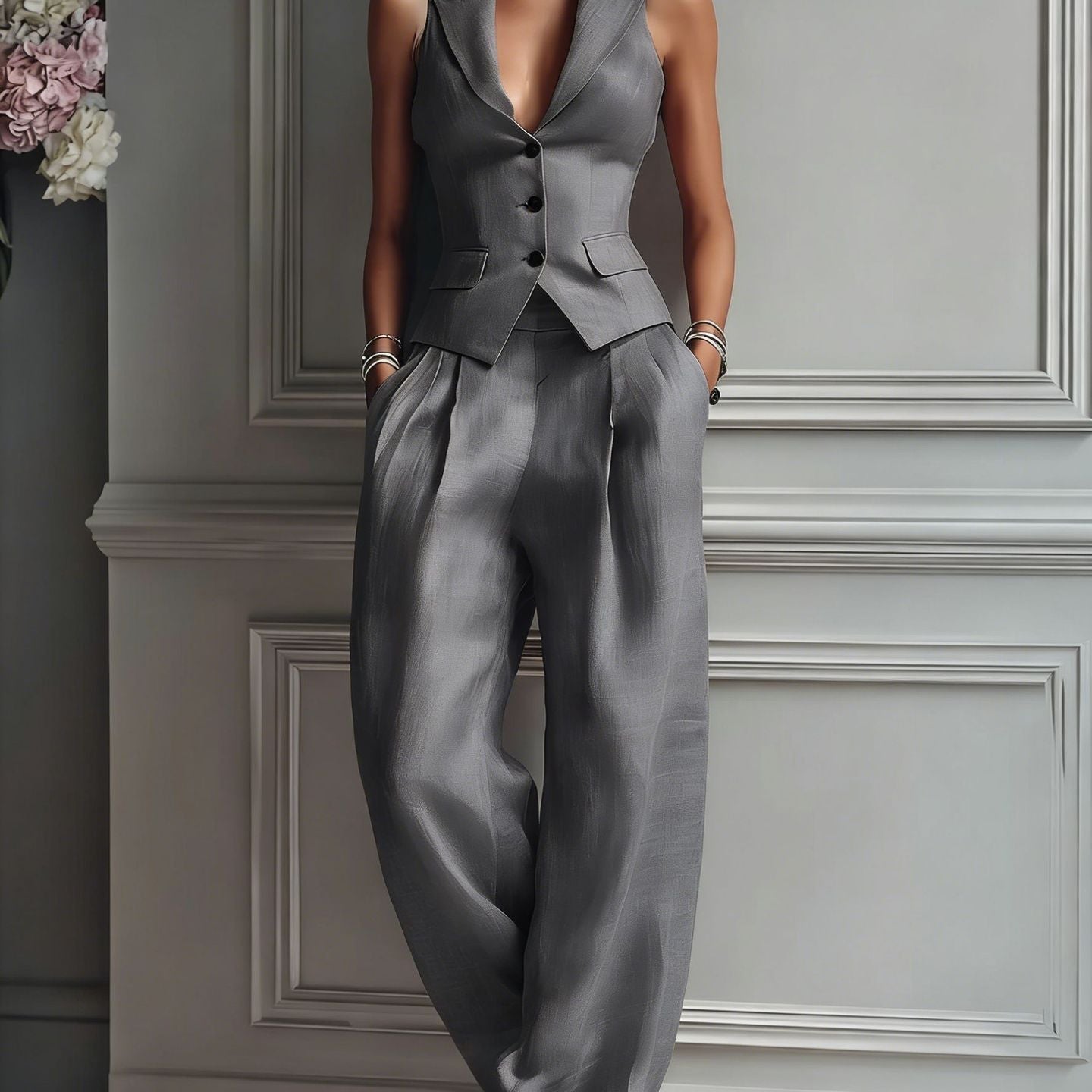 Lorie - Conjunto de dos piezas para mujer con cuello en V y botones para Mujer