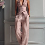 Lorie - Conjunto de dos piezas para mujer con cuello en V y botones para Mujer