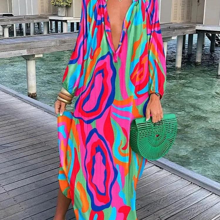 Élise | Elegante vestido largo bohemio con cuello en V