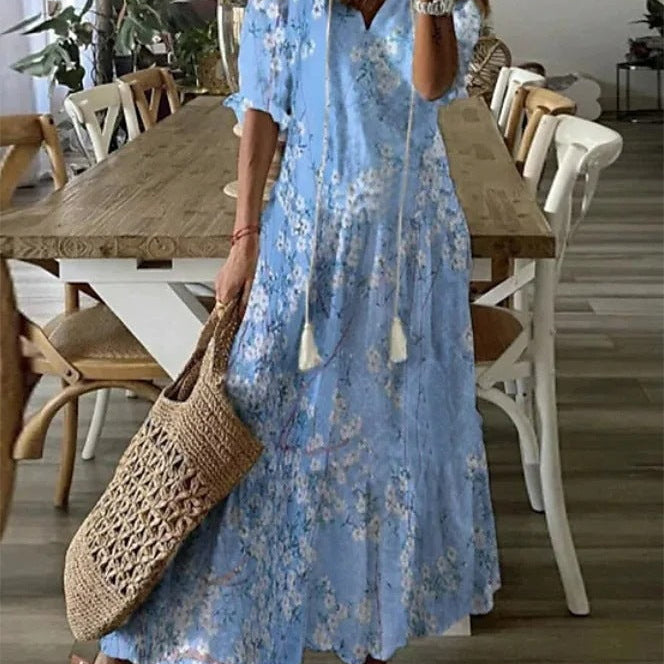 Dúnia™ VESTIDO LARGO CON ESTAMPADO Y VOLANTES