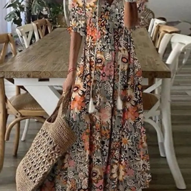 Dúnia™ VESTIDO LARGO CON ESTAMPADO Y VOLANTES