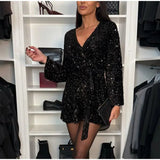 Luna™ | Vestido corto elegante de lentejuelas con cinturón y escote en V