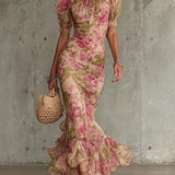 Fiora | Vestido largo con estampado vintage de rosas y mangas abullonadas para Mujer