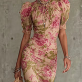 Fiora | Vestido largo con estampado vintage de rosas y mangas abullonadas para Mujer
