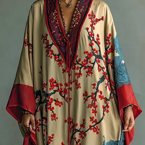 Zaki - Vestido Maxi con Impresión de Flor de Ciruela Roja Japonesa